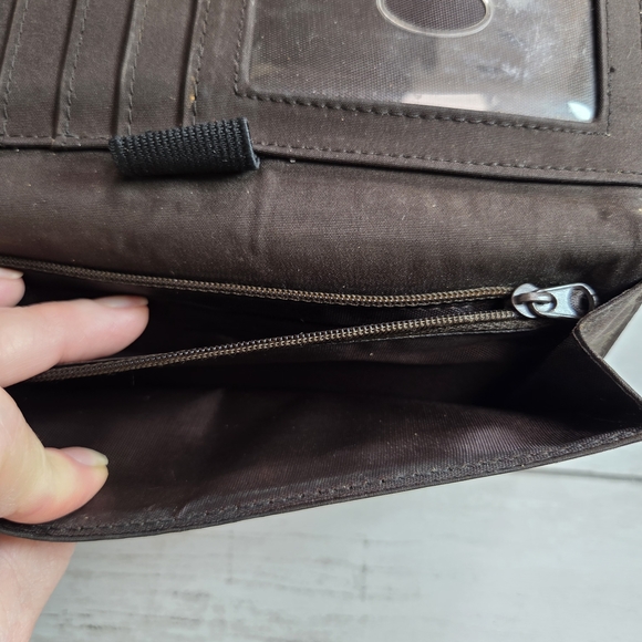 Liz Claiborne Brown Monogram Wristlet with Green and Pink Accents - Picture 6 of 13